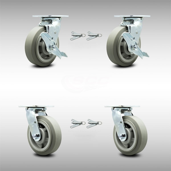 Service Caster 6 Inch SS Thermoplastic Caster Set with Roller Bearing 4 Swivel Lock 2 Brake SCC SCC-SS30S620-TPRRF-TLB-BSL-2-BSL-2 - main